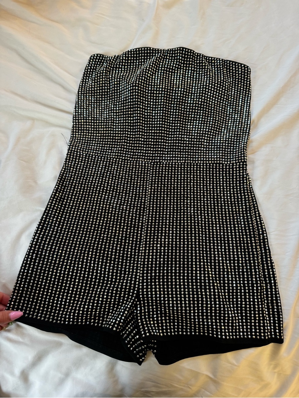 AKIRA Black Strapless Rhinestone Romper